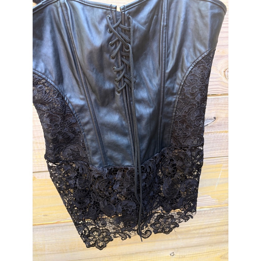 Black Faux Leather Lace Corset Top Gothic Steampunk 3XL Zip Back Lace-Up Front - Picture 4 of 9